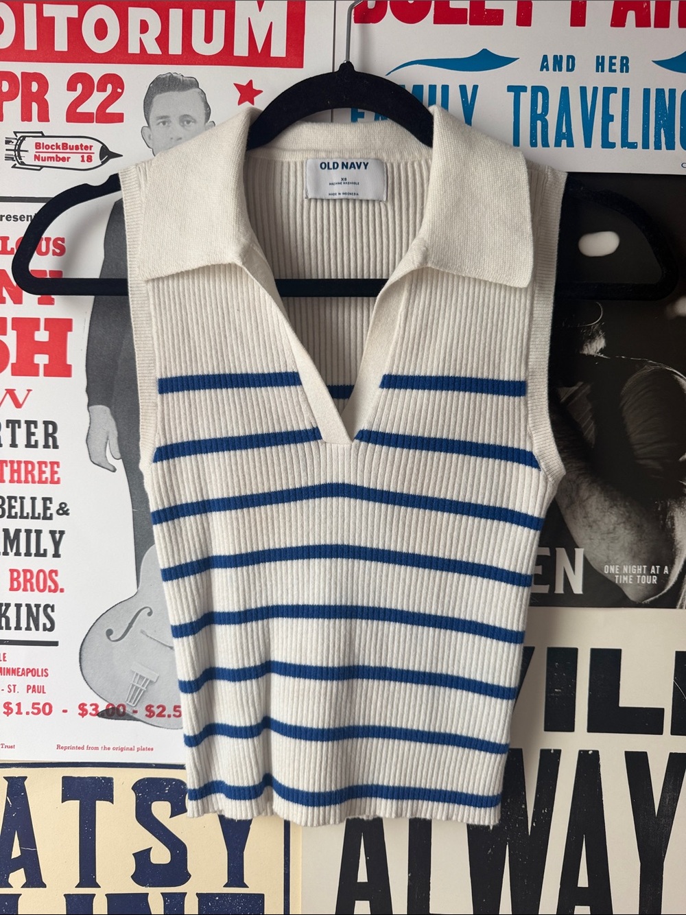 Old Navy Cream Ribbed Tank with Blue Stripes and Collar